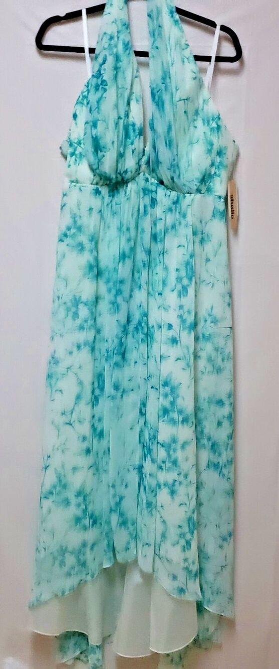 Jill Stuart Women’s White & Teal Hi-Low Open Back Maxi Dress Size 14 Lined NWT